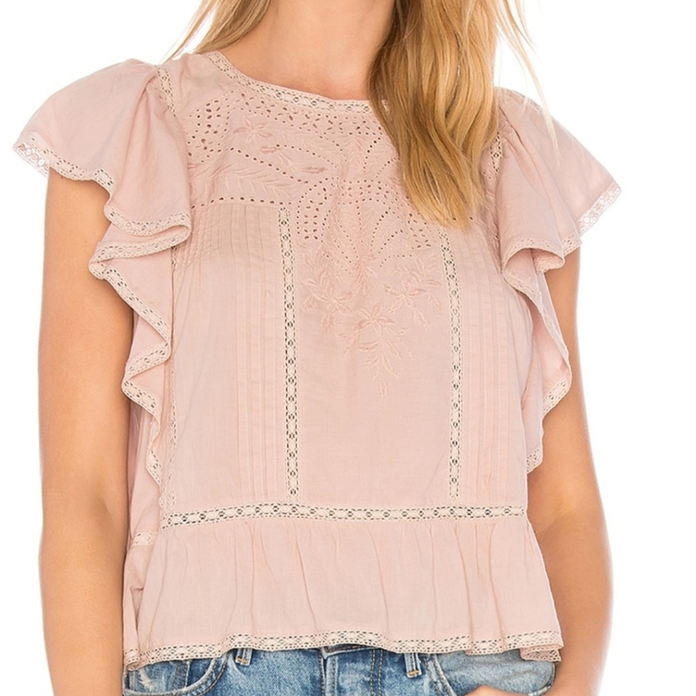 Loveshackfancy Rosemary Ruffle Blouse XS Pink Mauve Cotton